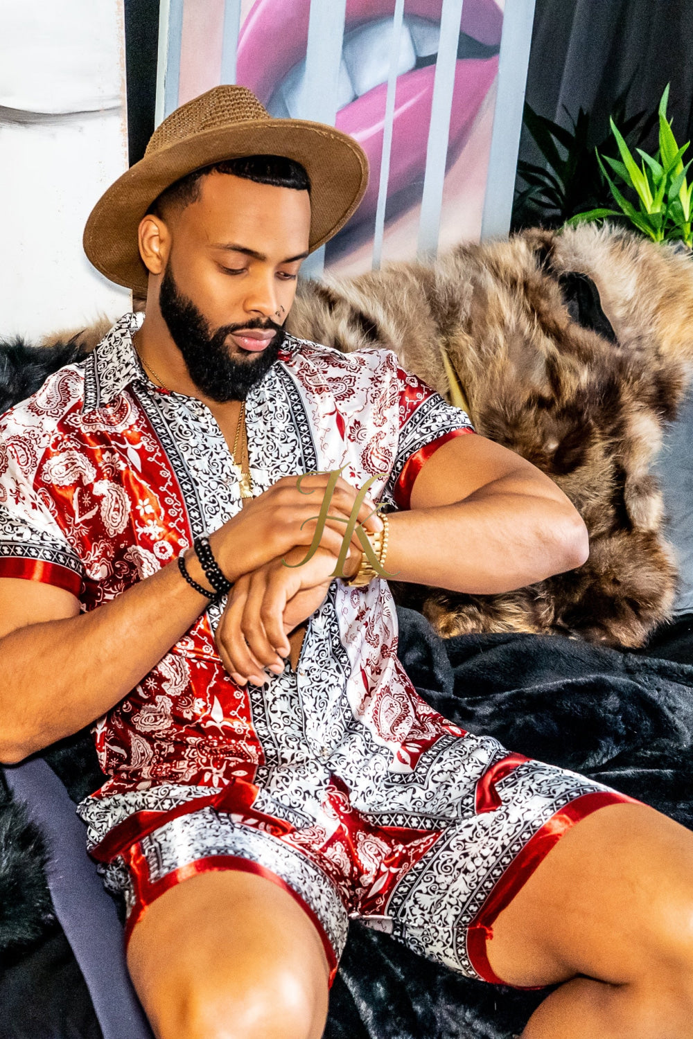 Red Mens Luxury Silk Dress Set Outfits