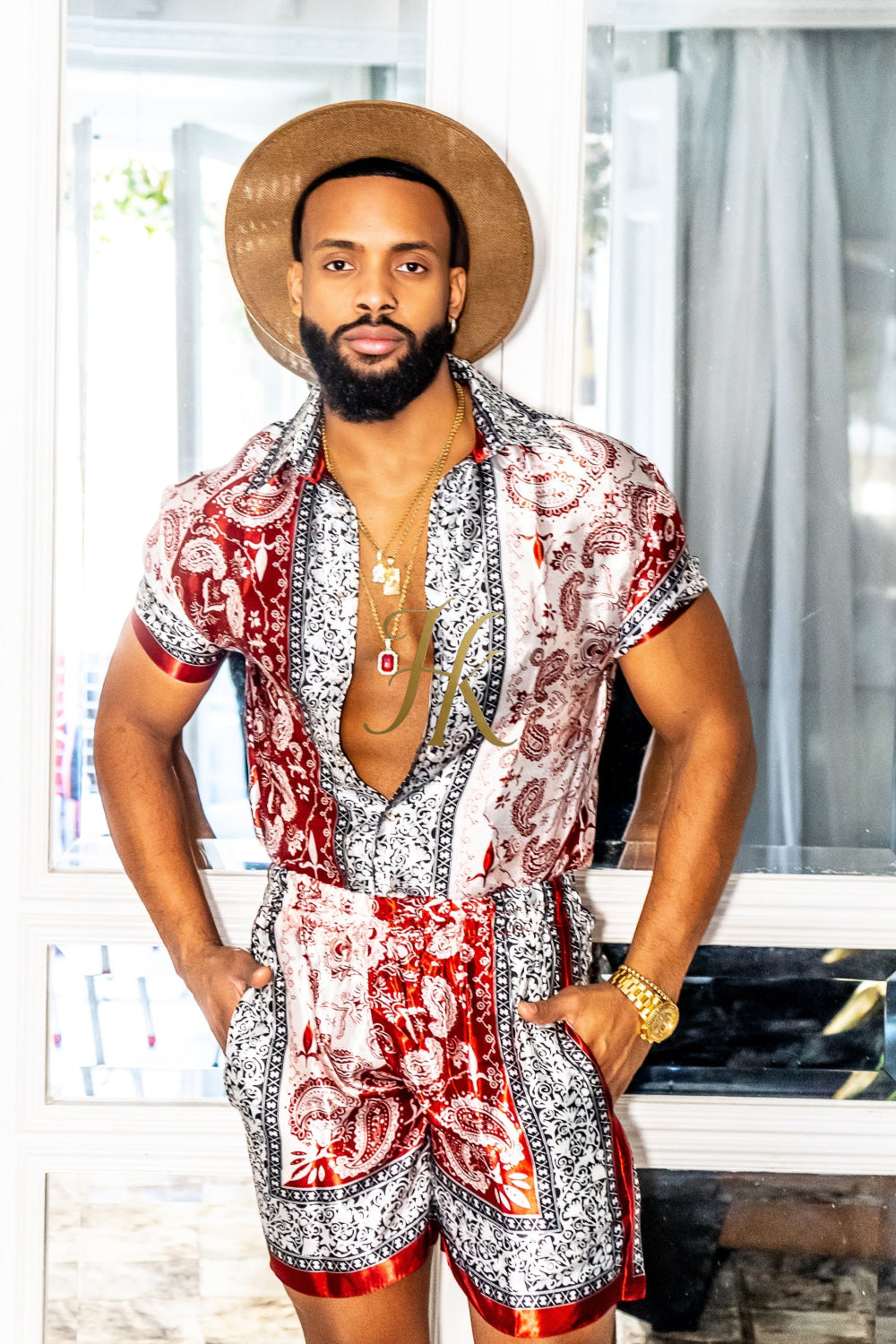 Red Mens Luxury Silk Dress Set Outfits