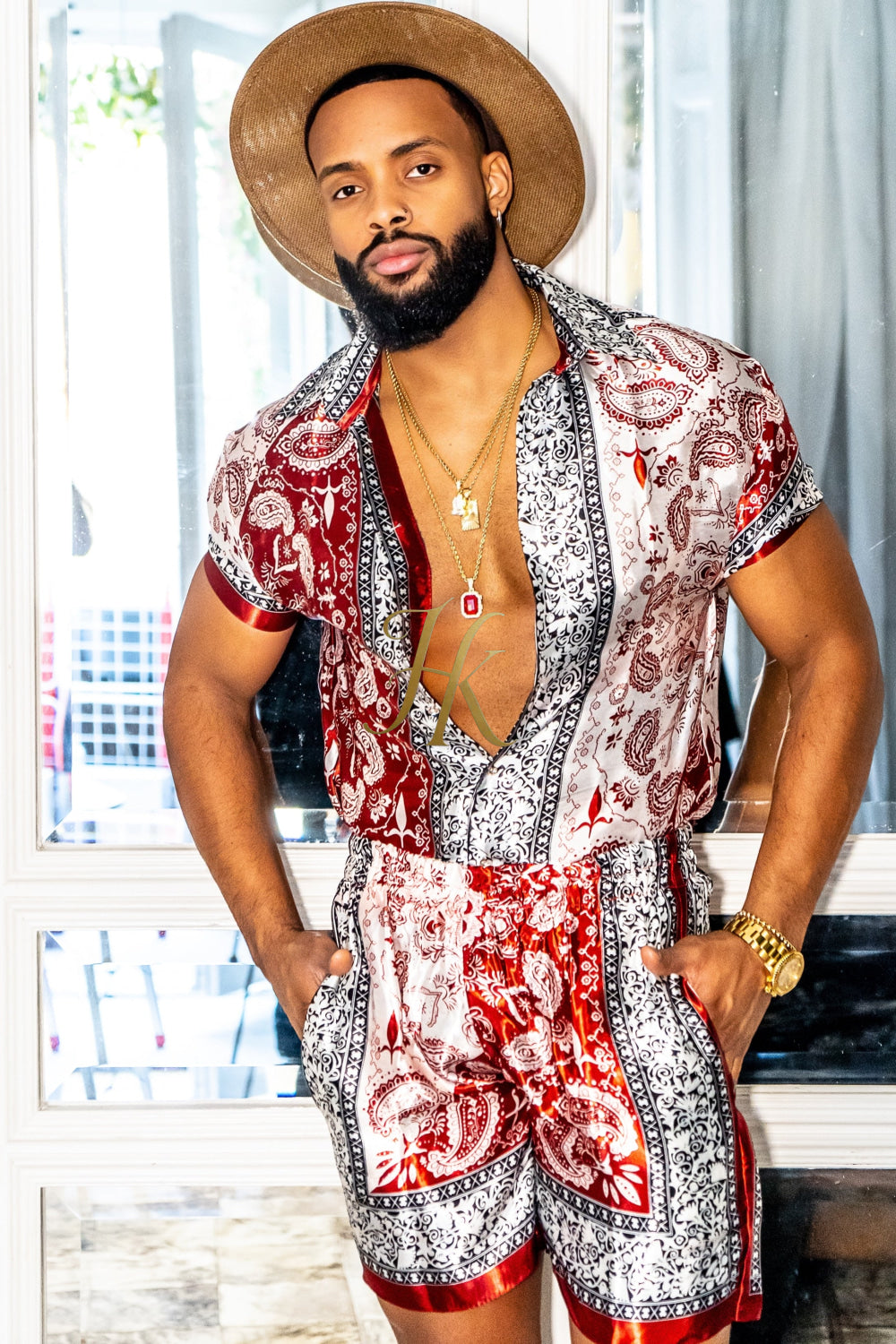 Red Mens Luxury Silk Dress Set Outfits