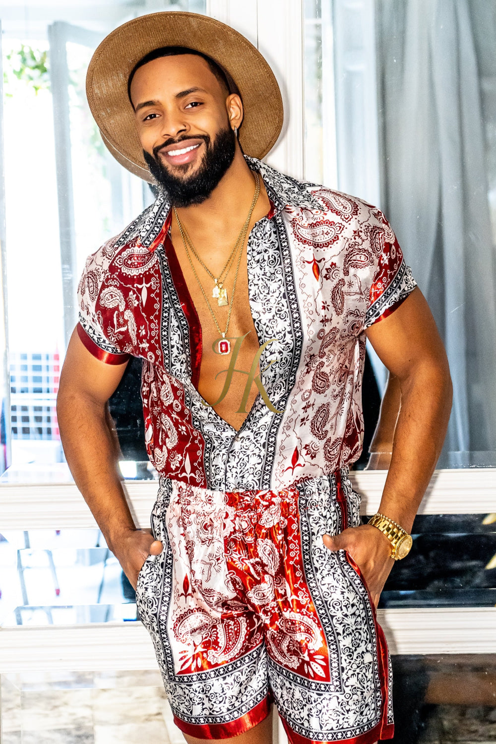 Red Mens Luxury Silk Dress Set Outfits