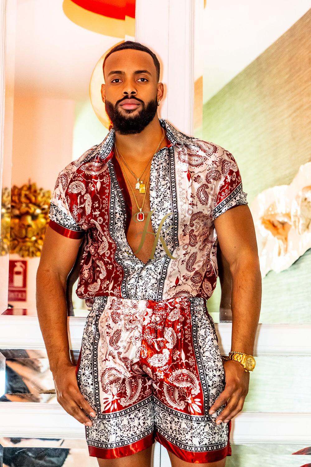 Red Mens Luxury Silk Dress Set Outfits