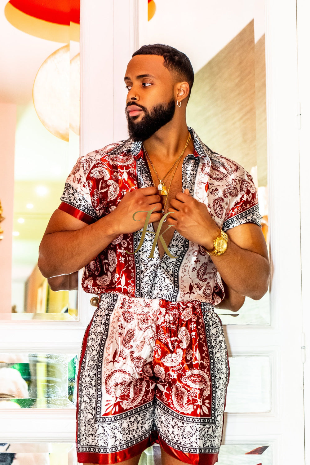 Red Mens Luxury Silk Dress Set Outfits