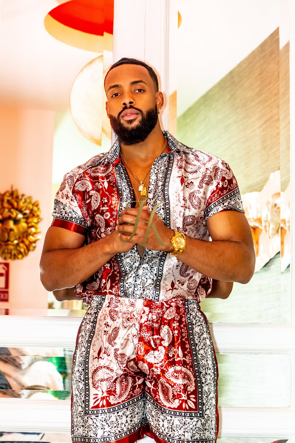 Red Mens Luxury Silk Dress Set Outfits