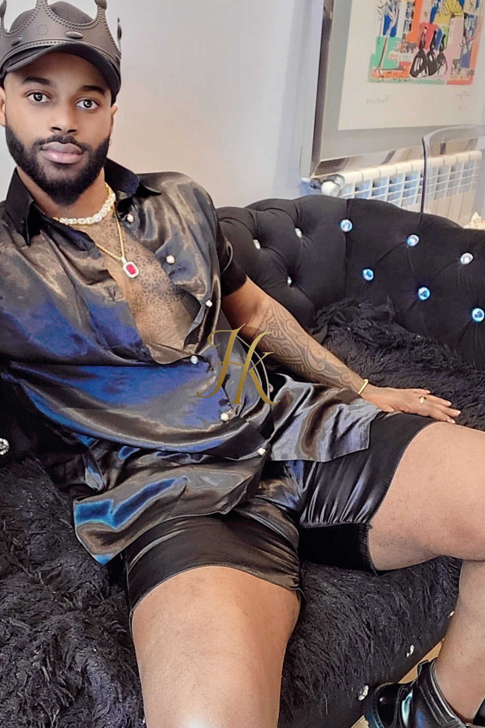 Two Piece Mens Silk/Satin Shirt Shorts/Short Pants Set
