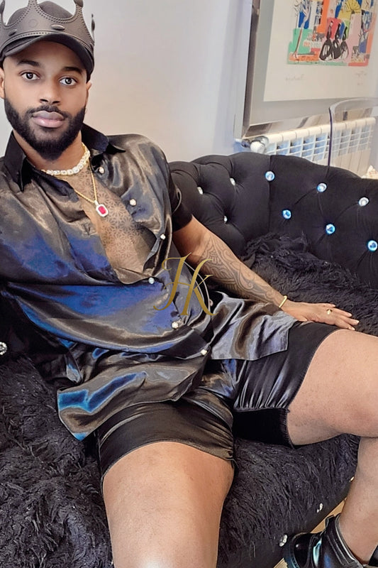 Two Piece Mens Silk/Satin Shirt Shorts/Short Pants Set