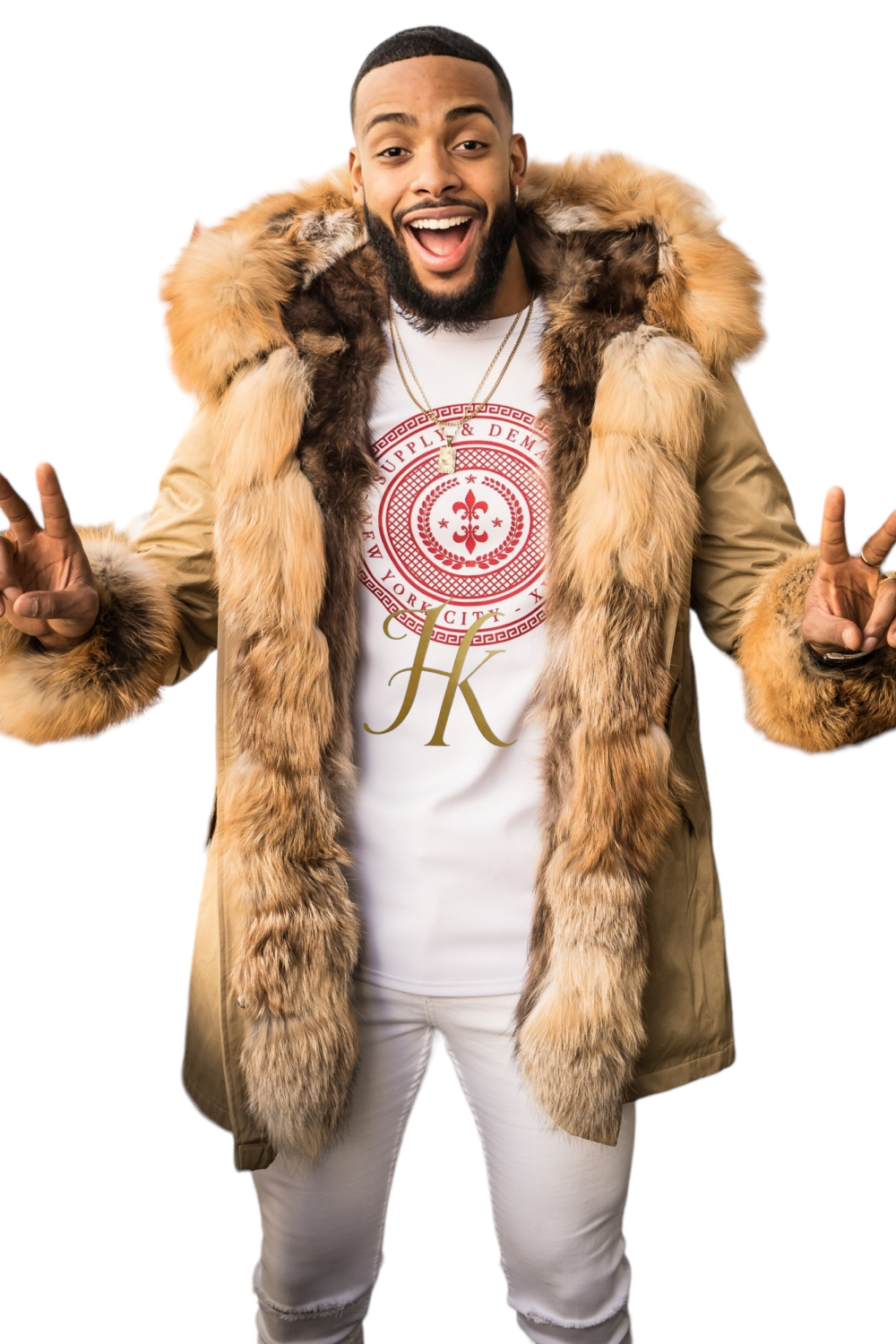 Best Collection Of Mens Fox Designer Coats Khaki Coat With Khaki Fur / M