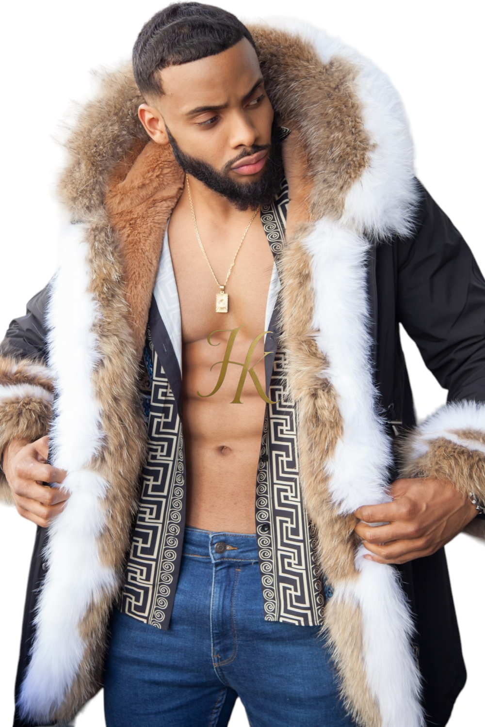 Best Collection Of Mens Fox Designer Coats Black Coat With White&Brown Fur / M
