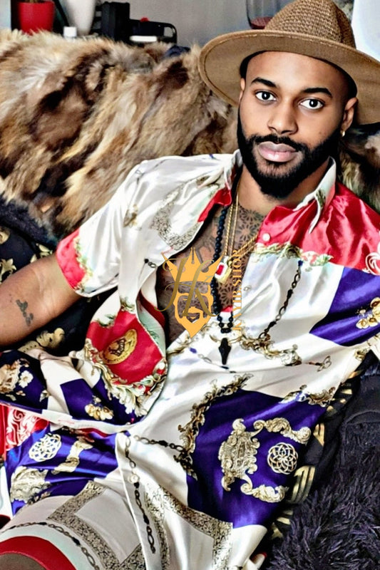 Barocco Print Silk Camp Shirt+Short - Make a Statement in Style - Crafted for Optimal Comfort and Versatility - kayibstrore