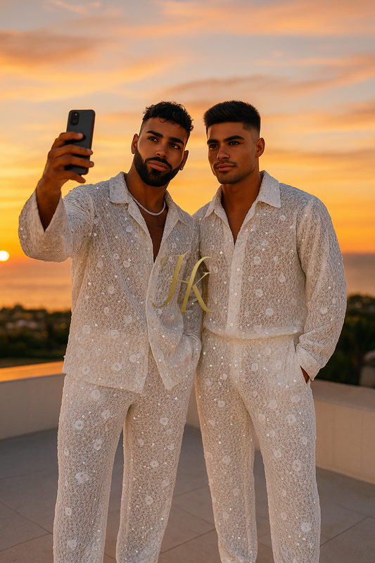 Men’s Luxury French Embroidered Lace Set – Handmade Pearls & Sequins Tulle Shirt and Pants