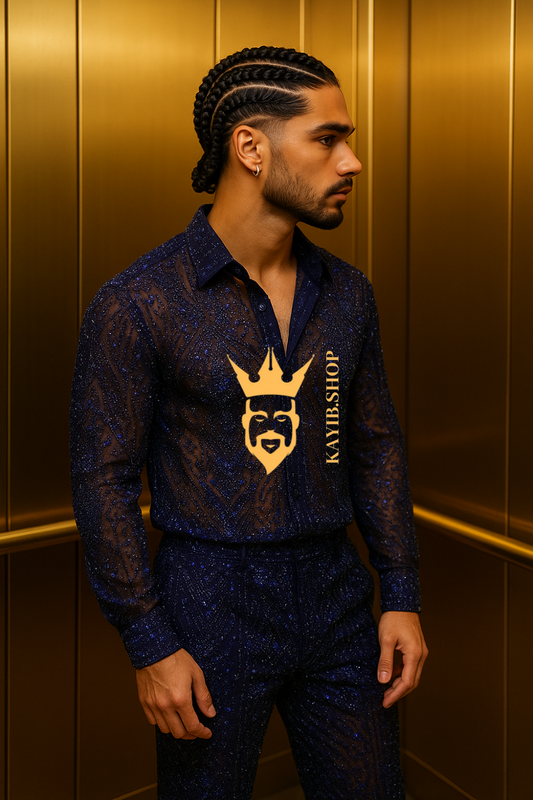 Men’s Luxury Lace Set – French Tulle with Sequins & Beaded Embroidery Shirt and Pants