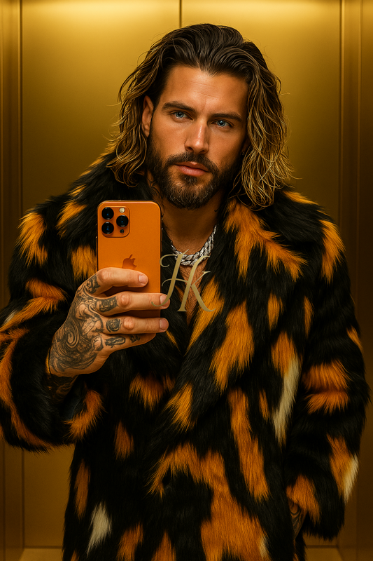 Men’s Extra Long Faux Fox Fur Coat – Colorful Warm Luxury European Winter Overcoat