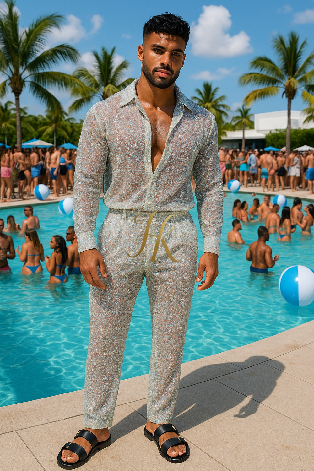 Men’s Luxury Embroidered Lace Set – Handmade Beaded Net Fabric with Sequins (High-End Couture Design)