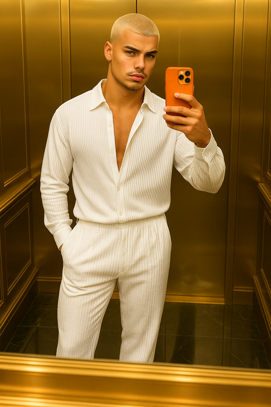 Men’s Thin Knit Two-Piece Set – Solid Color Sexy Shirt & Pants Casual Fashion Outfit