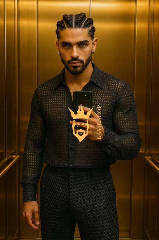 Men’s Metallic Mesh Outfit Set – 3D Foil Textured Shirt & Pants in Luxury Interwoven Fabric