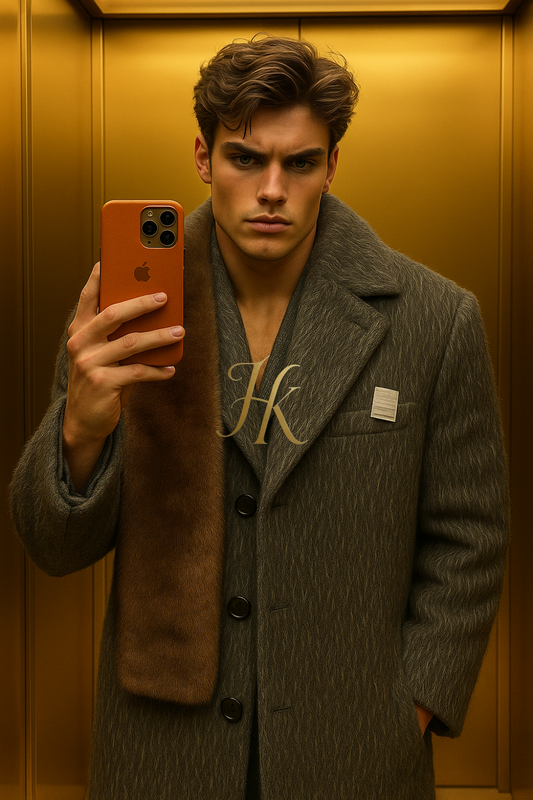 Men’s Extra Long Wool Blend Coat – Grey Optical Fiber Inspired Korean Casual Winter Overcoat