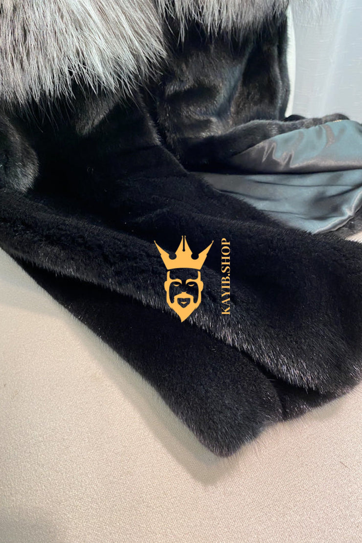 Real Mink Fur long Sleeveless Coat with Silver Fox Fur Shawl | Luxury Winter Fashion for men and women - kayibstrore