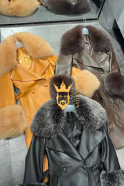 "Women's Leather Long Coat Jacket with 100% Fox Fur Collar - Luxurious Elegance for Every Occasion" - kayibstrore