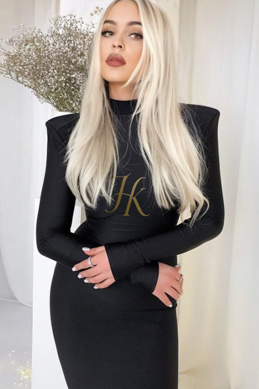 new years dress long sleeve New Year Turtleneck Maxi Dress with Shoulder Pads - Elegant Streetwear Women's Fashion - Long Sleeve Skinny Dress
