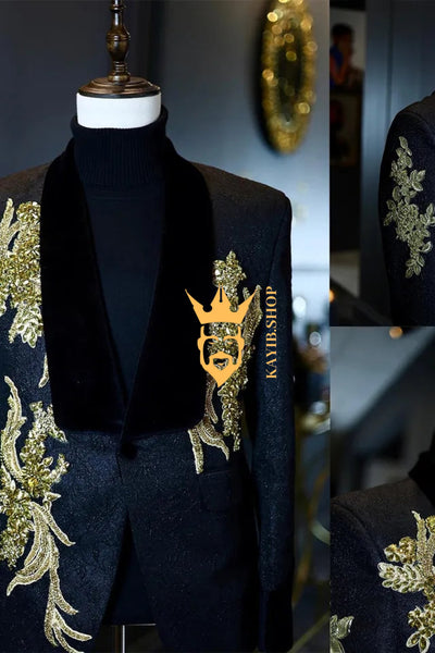 Luxurious Custom Men's Suit: Sheer Velvet Lapel 2-Piece Set with Appliques, Beads, Diamonds | Tailored Plus Size Options Available - kayibstrore