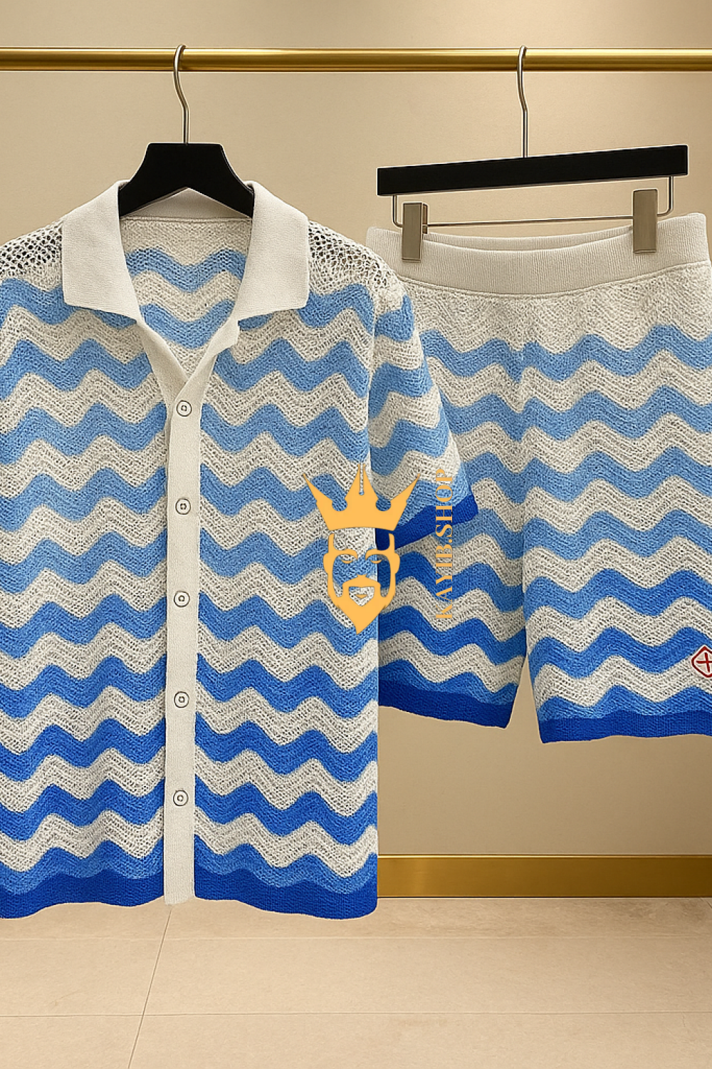 Trendy Knitted Wool Shirt with Wave Pattern & Collar set 2pcs