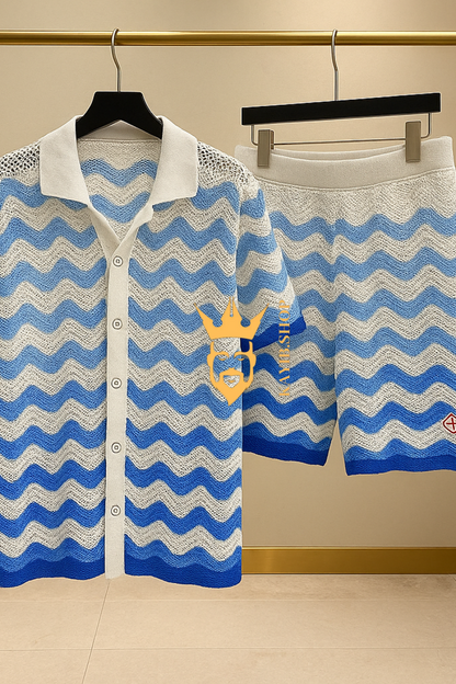 Trendy Knitted Wool Shirt with Wave Pattern & Collar set 2pcs