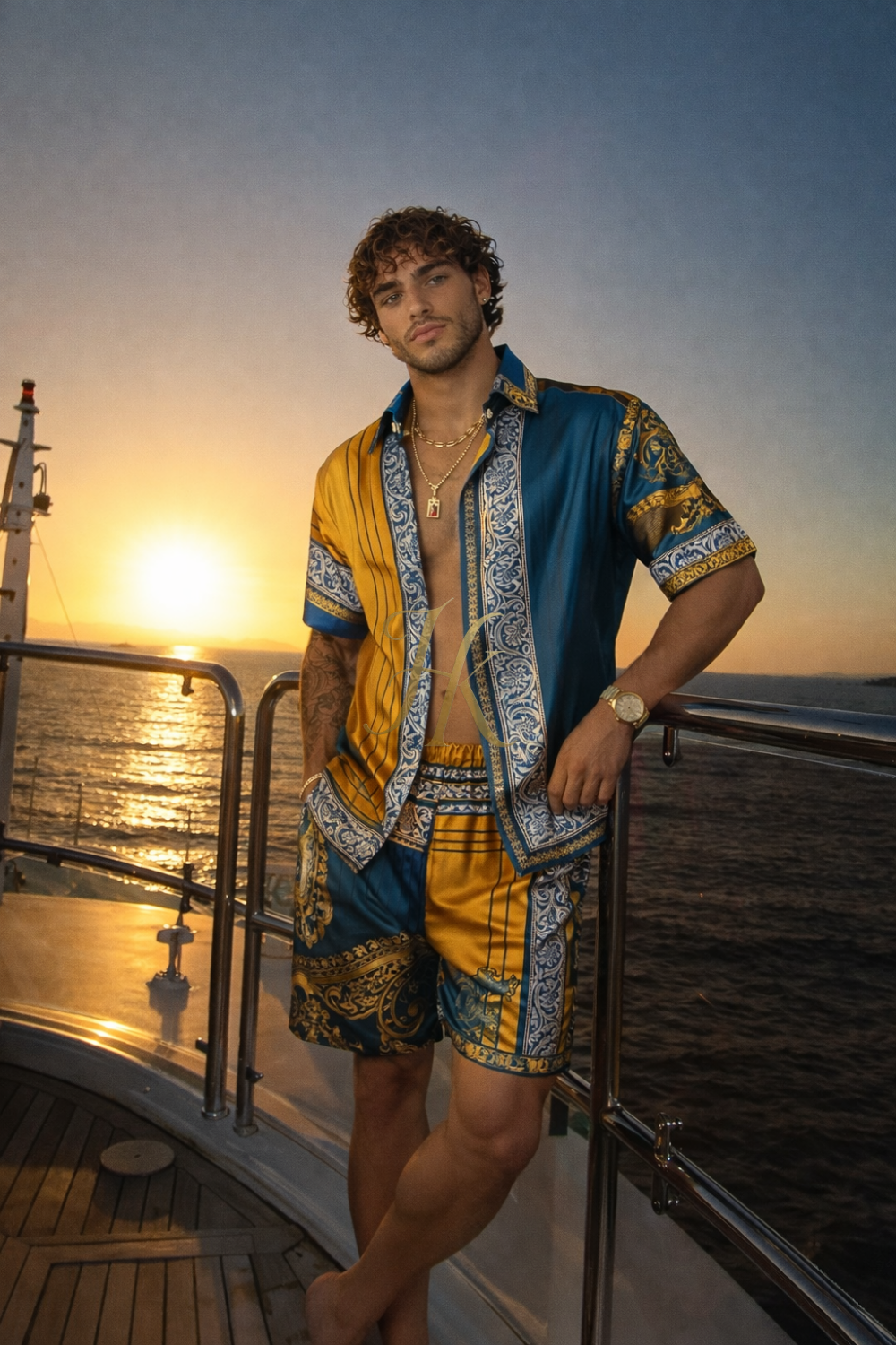 Mediterranean Silk Set – Men’s Luxury Shirt & Shorts Ensemble - kayibstrore