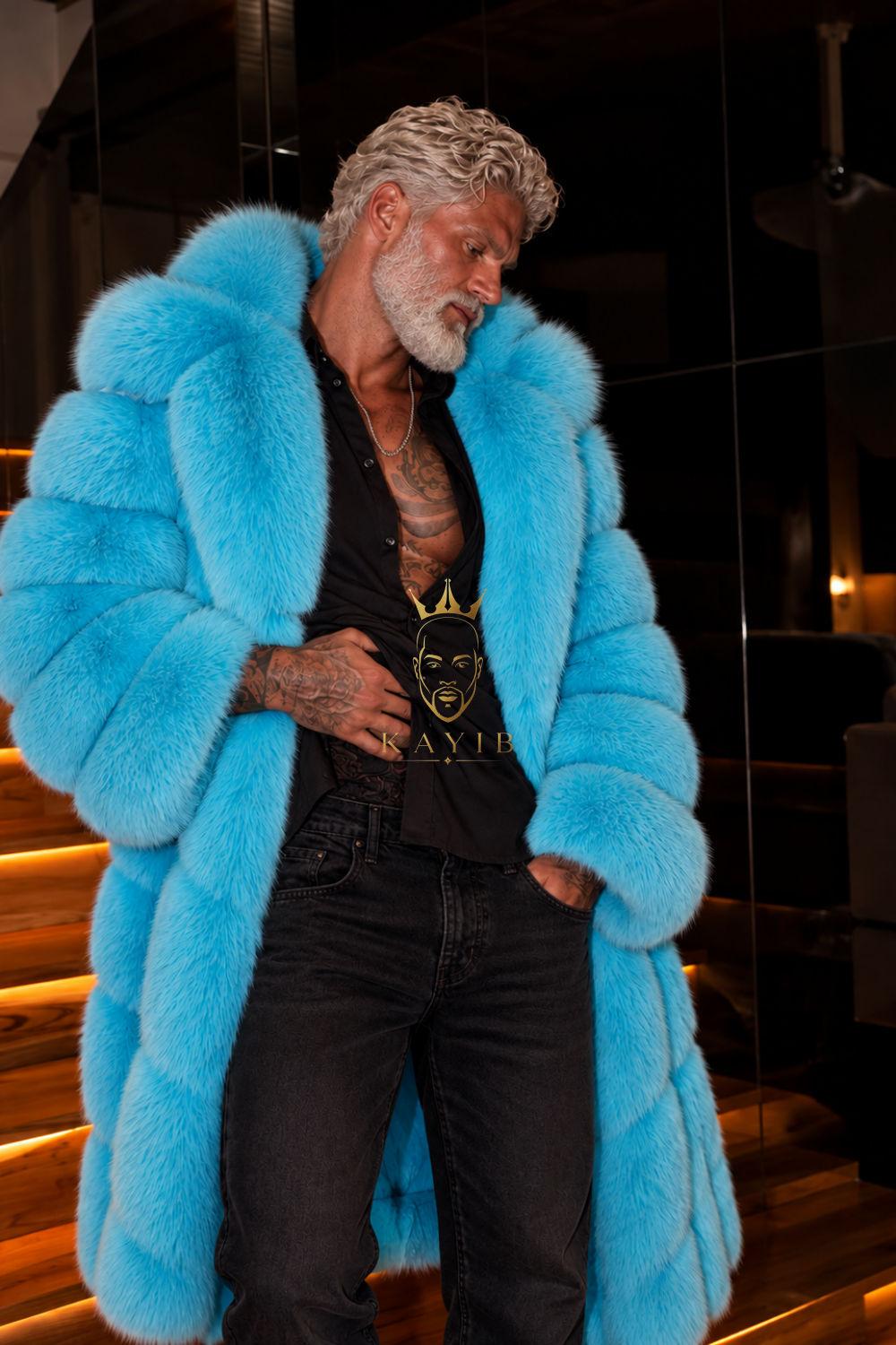 Premium Light Blue Long Fox Fur Coat – Genuine Natural Fur Winter Outwear