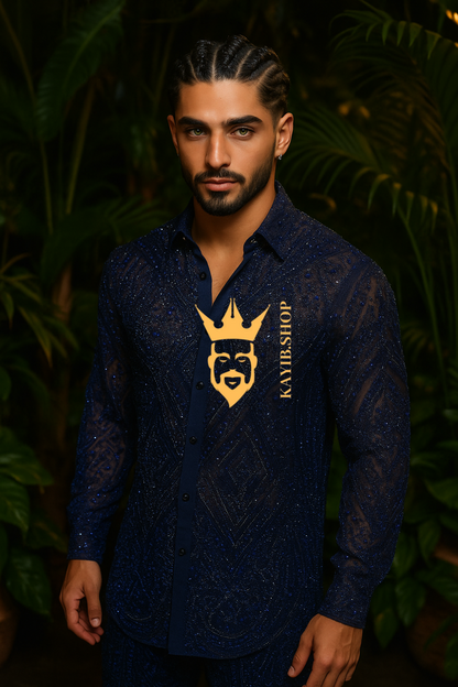 Men’s Luxury Lace Set – French Tulle with Sequins & Beaded Embroidery Shirt and Pants