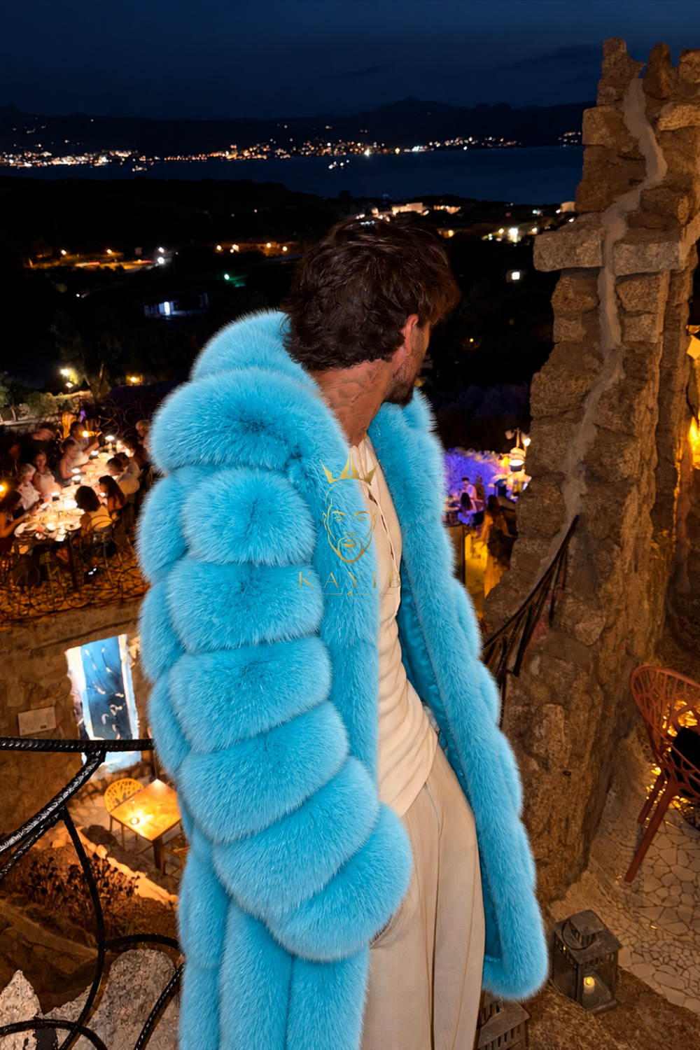 Men’s Light Blue Long Fox Fur Coat – Genuine Natural Fur Premium Winter Outwear