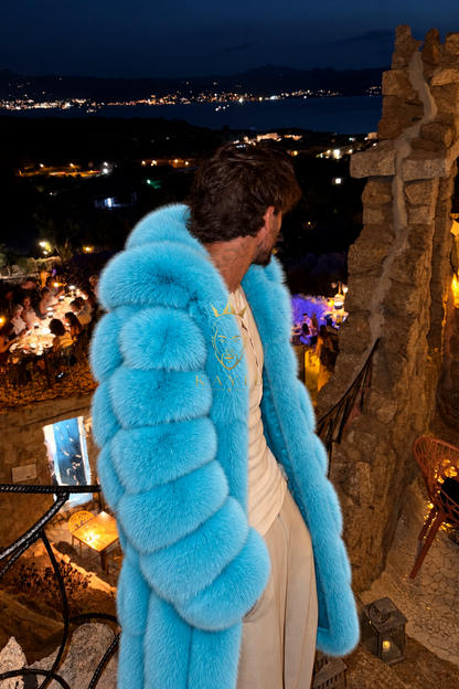 Men’s Light Blue Long Fox Fur Coat – Genuine Natural Fur Premium Winter Outwear