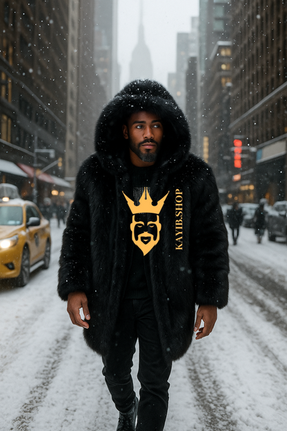 Luxury Men’s Black Fox Fur Hooded Coat – Winter Warm Jacket Outerwear