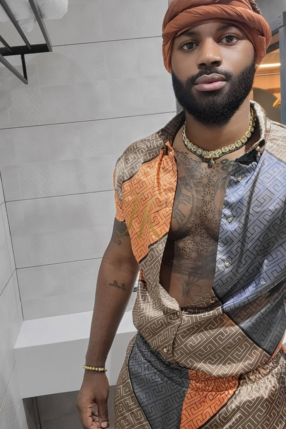 Men's apparel : Silk shirt Set - Elevate Your Style with Le Barroco Print - Perfect for Couples and Special Occasions - kayibstrore