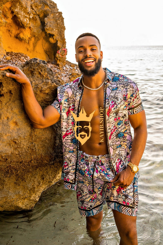 Silk Men's Summer Beachwear Set - Stand Out in Style with Luxurious Baroque-Inspired Design and Ultimate Comfort - kayibstrore