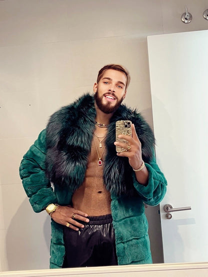Winter Handmade Luxury Winter Men's Rex Rabbit Fur Coat with Super Large Raccoon Collar - Premium Fashion Outerwear - kayibstrore