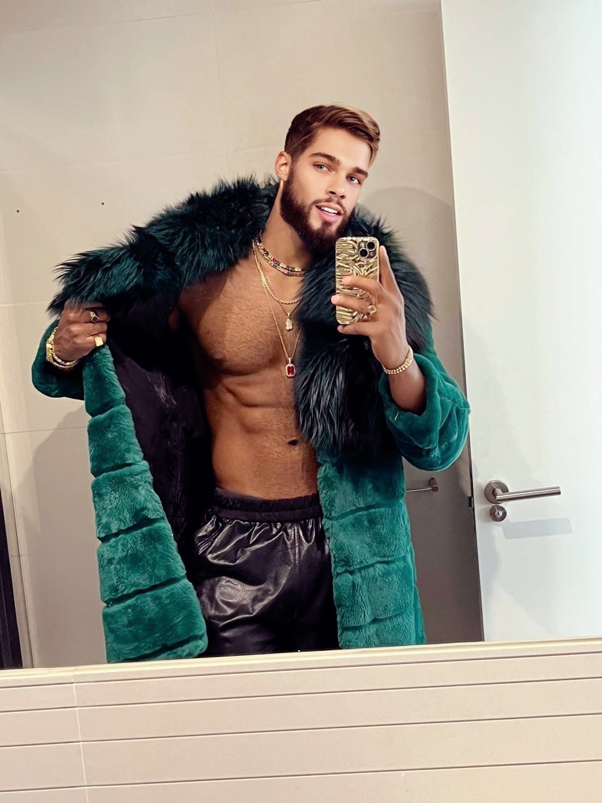 Winter Handmade Luxury Winter Men's Rex Rabbit Fur Coat with Super Large Raccoon Collar - Premium Fashion Outerwear - kayibstrore