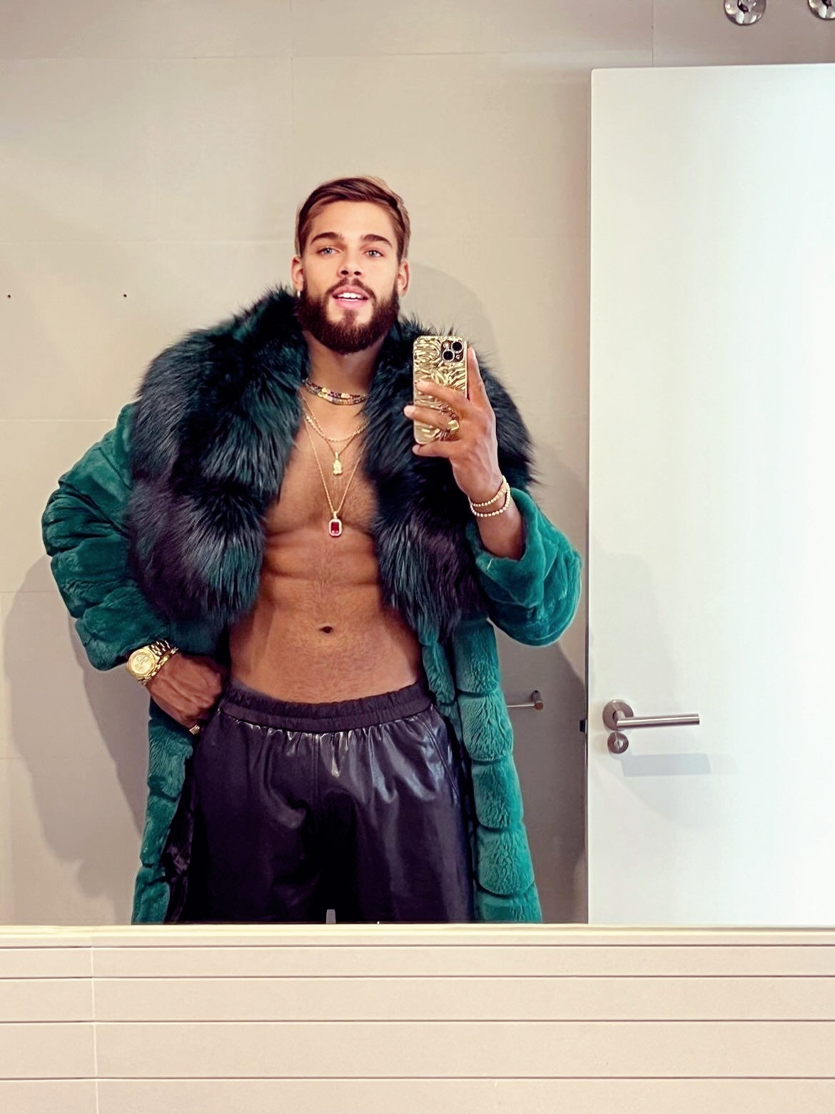 Winter Handmade Luxury Winter Men's Rex Rabbit Fur Coat with Super Large Raccoon Collar - Premium Fashion Outerwear - kayibstrore