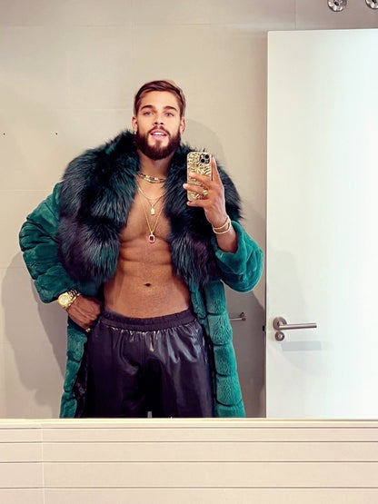 Winter Handmade Luxury Winter Men's Rex Rabbit Fur Coat with Super Large Raccoon Collar - Premium Fashion Outerwear - kayibstrore