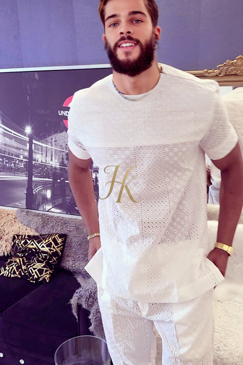 White Luxury Men's Lace Two-Piece Clothing: Sophisticated & Versatile Ensemble - kayibstrore