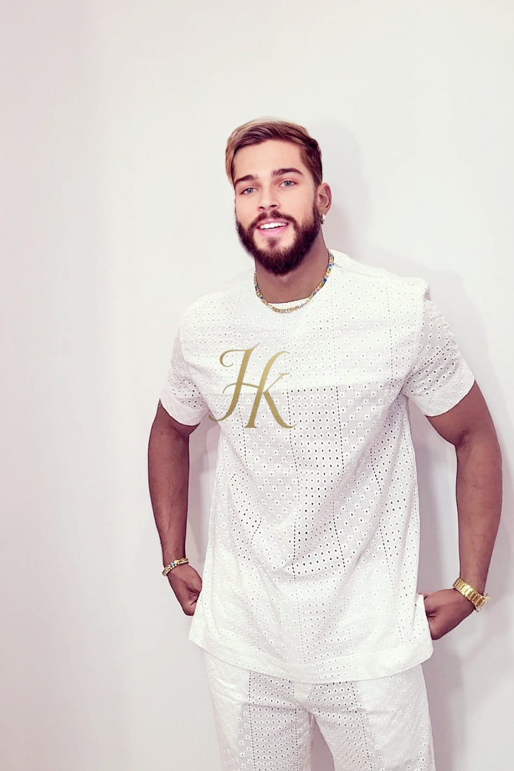 White Luxury Men's Lace Two-Piece Clothing: Sophisticated & Versatile Ensemble - kayibstrore