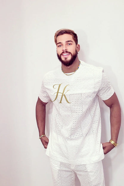 White Luxury Men's Lace Two-Piece Clothing: Sophisticated & Versatile Ensemble - kayibstrore