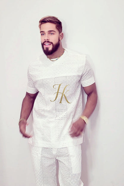 White Luxury Men's Lace Two-Piece Clothing: Sophisticated & Versatile Ensemble - kayibstrore