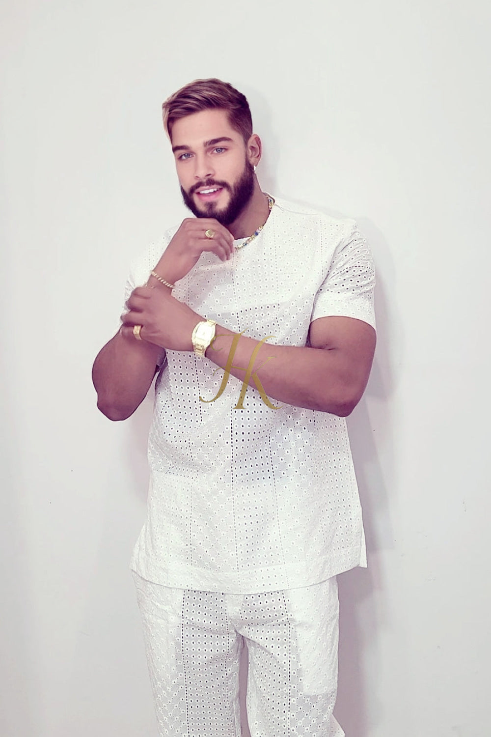 White Luxury Men's Lace Two-Piece Clothing: Sophisticated & Versatile Ensemble - kayibstrore