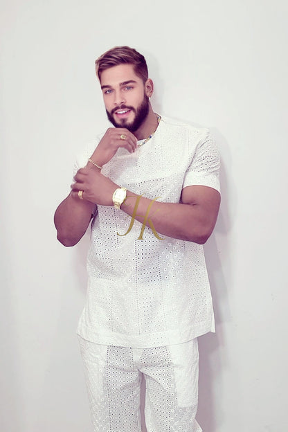 White Luxury Men's Lace Two-Piece Clothing: Sophisticated & Versatile Ensemble - kayibstrore