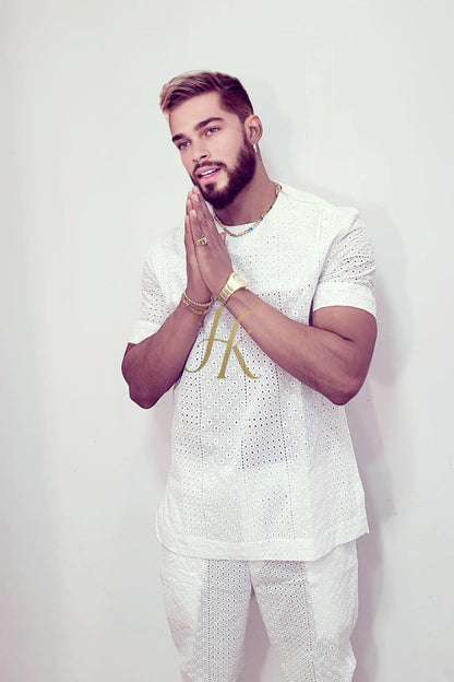 White Luxury Men's Lace Two-Piece Clothing: Sophisticated & Versatile Ensemble - kayibstrore