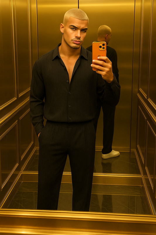 Men’s Thin Knit Two-Piece Set – Solid Color Sexy Shirt & Pants Casual Fashion Outfit