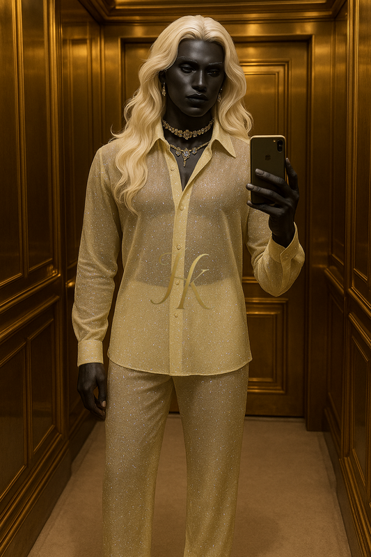 Men’s Luxury Champagne Gold Lace Set – Beaded & Sequined Mesh Embroidered Shirt and Pants