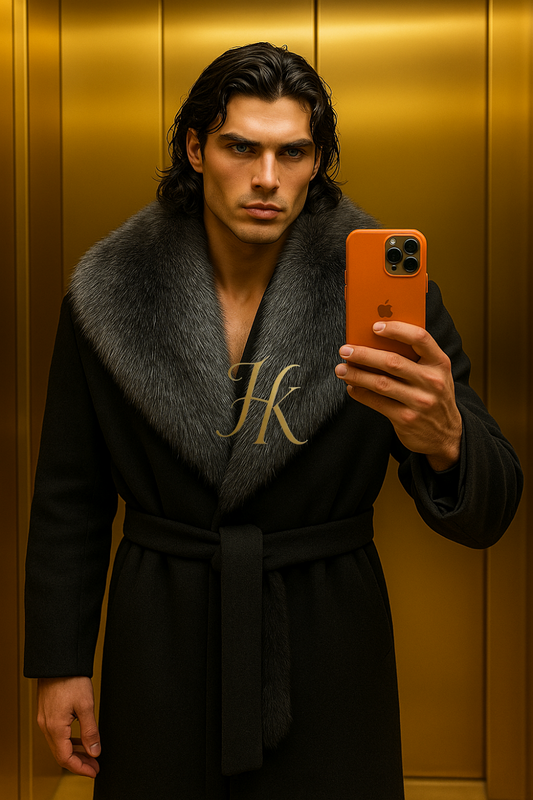 Men’s Luxury Wool Cashmere Coat – Long Winter Overcoat with Real Silver Fox Fur Collar & Belt