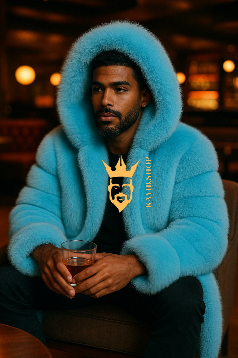 Men’s Light Blue Long Fox Fur Coat – Genuine Natural Fur Luxury Winter Outwear