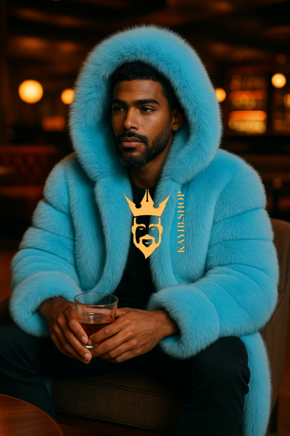 Men’s Light Blue Long Fox Fur Coat – Genuine Natural Fur Luxury Winter Outwear