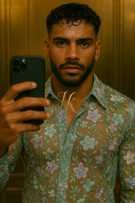 Men’s Luxury 3D Floral Lace Set – Colorful Embroidered Tulle Shirt & Pants